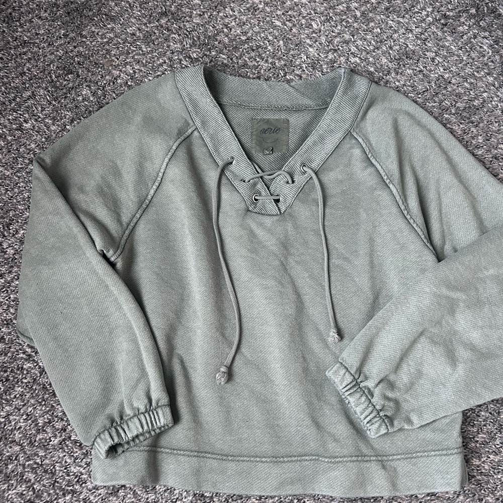 Aerie Sage Lace-Up V-Neck Sweater